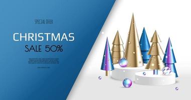 Christmas and New Year background. Conical Gold Christmas Trees. Winter holiday composition. Greeting card, banner, poster, header for website vector