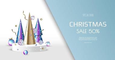 Christmas banner. Background Xmas design with christmas balls, gold confetti, xmas tree. Horizontal New Year poster, greeting card, header, website. vector