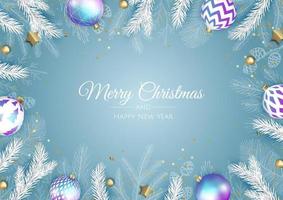 Feliz navidad y próspero año nuevo. Fondo festivo de Navidad con objetos 3d realistas, bolas azules y doradas, árbol de Navidad cónico. composición de diseño de caída de levitación. vector