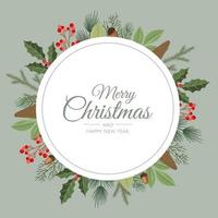 Round Christmas background with fir branches, red berries. Vector top view illustration.