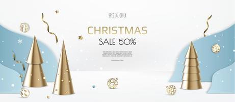 Christmas banner. Background Xmas design with christmas balls, gold confetti, xmas tree. Horizontal New Year poster, greeting card, header, website. vector