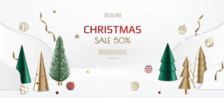 Merry Christmas and Happy New Year. Xmas Festive background with realistic 3d objects, blue and gold balls, conical christmas tree. Levitation falling design composition. vector