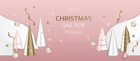 banner de navidad. diseño de Navidad de fondo con bolas de Navidad, confeti dorado, árbol de Navidad. cartel horizontal de año nuevo, tarjeta de felicitación, encabezado, sitio web. vector
