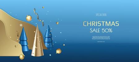 Christmas banner. Background Xmas design with christmas balls, gold confetti, xmas tree. Horizontal New Year poster, greeting card, header, website. vector