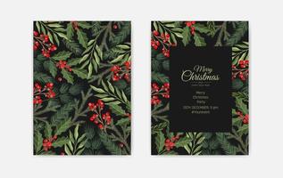 tarjetas de feliz navidad y año nuevo con corona de pino, muérdago, plantas de invierno, ilustración de diseño para saludos, invitaciones, volantes, folletos. vector
