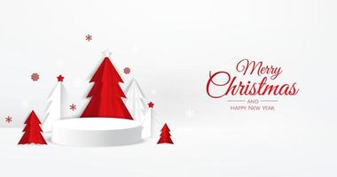 3D White circle podium display with Christmas tree in paper cut style. Winter holiday background. vector