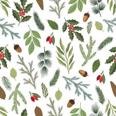 Christmas seamless pattern. Pine twigs, red berries, snowflakes. Season greeting digital paper. Winter Xmas holidays