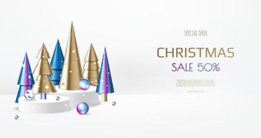 3D circle podium display with Christmas tree. Winter holiday background. vector