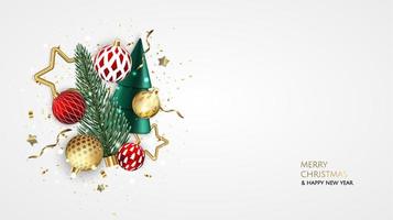 Merry Christmas and Happy New Year. Xmas Festive background with realistic 3d objects, blue and gold balls, conical christmas tree. Levitation falling design composition. vector