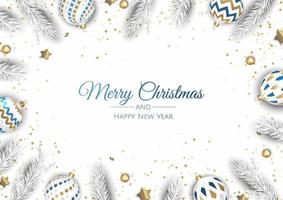 Merry Christmas and Happy New Year. Xmas background with Snowflakes and balls design. vector