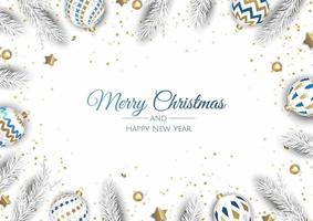 Merry Christmas and Happy New Year. Xmas background with Snowflakes and balls design. vector