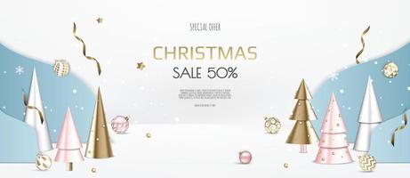 Christmas banner. Background Xmas design with christmas balls, gold confetti, xmas tree. Horizontal New Year poster, greeting card, header, website. vector