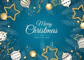 Merry Christmas and Happy New Year. Xmas background with Snowflakes and balls design. vector