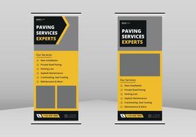 Paving service construction work Roll up Banner Design, Roadwork renovation poster leaflet Roll up leaflet template. Transportation and road maintenance service poster DL Flyer vector