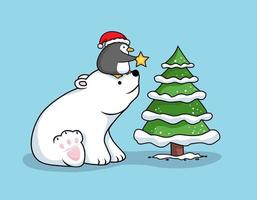 bear and penguin cartoon merry christmas vector