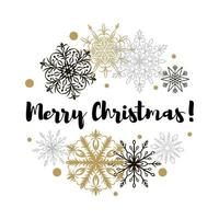 Merry Christmas and Happy New Year greeting card with beautiful golden and black snowflakes. Christmas design for banners, posters, massages, announcements. Space for text vector