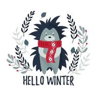 Vector Christmas card with a cute hedgehog and cozy slogan. Christmas design.