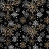 Seamless pattern with gold, white and gray snowflakes on black background. Christmas design. Could be used for gift wrapping paper, prints, fabrics, textiles, web design vector