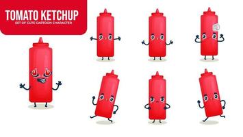 Set of cute tomato ketchup with red bottle cartoon character Premium Vector