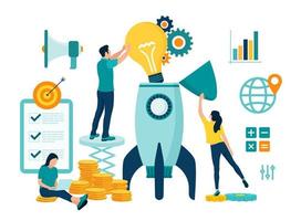 Startup business project launch. Idea through planning and strategy, time management, realization. Teamwork in the startup. Start up concept with spaceship. Flat vector illustration with characters.