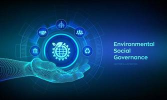 ESG icon in robotic hand. Environmental Social Governance concept on virtual screen. Future environmental conservation and ESG modernization development. Vector illustration.