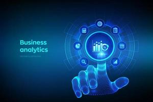 Business data analytics and robotic process automation concept on virtual screen. Profit and revenue of company, BI or KPI concept. Wireframe hand touching digital interface. Vector illustration.