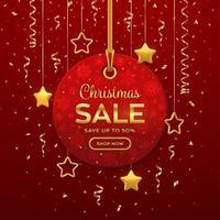 precio de venta de navidad y año nuevo. etiqueta roja realista colgando de una cuerda dorada. etiqueta de descuento con estrellas doradas y confeti. diseño de banner de navidad, publicidad, precio de marketing. ilustración vectorial. vector