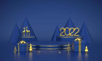 Happy New 2022 Year. 3D Golden metallic numbers 2022 on blue stage podium. Scene, round and cube platform with gift boxes, realistic golden deers, metallic pine spruce trees on blue background. Vector