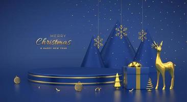 Christmas Scene and 3D round platform with gold circle on blue background. Blank Pedestal with deer, snowflakes, balls, gift boxes, golden metallic cone shape pine, spruce trees. Vector illustration.