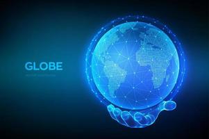 Earth globe illustration. World map point and line composition concept of global network connection. Blue futuristic background with planet Earth in wireframe hand. Vector illustration.
