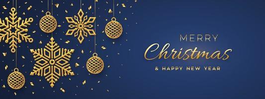 Fondo azul de Navidad con bolas y copos de nieve dorados que cuelgan brillantes. feliz navidad tarjeta de felicitación. cartel de vacaciones de navidad y año nuevo, banner web. ilustración vectorial. vector