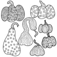 Coloring page with fantasy patterns, set of pumpkins, outline vector illustration