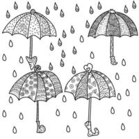 Set of outline umbrellas with abstract patterns, raindrops silhouette and spiral pattern, antistress coloring page, vector hand draw illustration