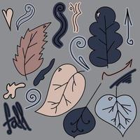 Set of cute doodle leaves and design elements on gray background, cozy autumn elements and lettering, vector hand draw illustration