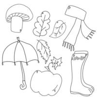 Autumn walk attributes room, leaves, umbrella, rubber boots, scarf and pumpkin, coloring page for children on the fall theme, outline vector illustration