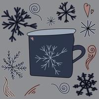 Cute doodle mug with snowflake and heart, doodle elements in blue and pink shades, hand draw vector illustration