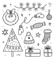 lindo conjunto de garabatos de invierno: un árbol de Navidad decorado, guirnaldas, regalos, una corona de Navidad, ropa de abrigo. ilustración de dibujado a mano de dibujos animados de vector. perfecto para diseños navideños, tarjetas, invitaciones. vector