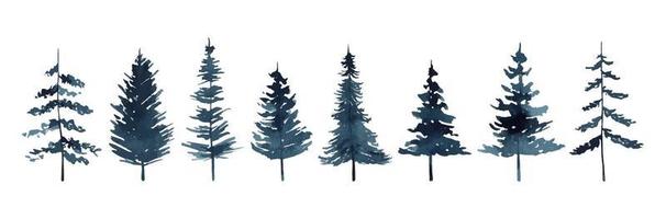 Set of watercolor pines and firs isolated on white background. Abstract silhouette trees. Perfect for holiday and Christmas designs, cards, decorations, invitations. Hand painted illustration. vector