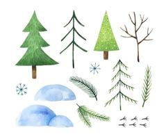 Watercolor set of winter elements on white background. Stylized fir trees, snowdrifts, fir branches, snowflakes, cute bird tracks. Christmas clipart illustration. Perfect for cards, patterns, decor vector