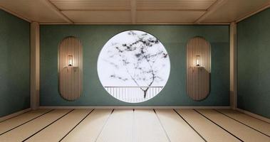 diseño de pared de estante circular, diseño japonés de sala vacía de menta, piso de tatami. Representación 3d foto