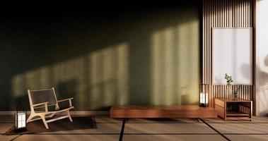 diseño de exhibición de madera del gabinete en sala verde sala de estar minimalista japonesa roon unterior, representación 3d