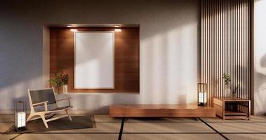 gabinete de diseño de pantalla de madera en la habitación sala de estar minimalista japonesa roon unterior, representación 3d foto
