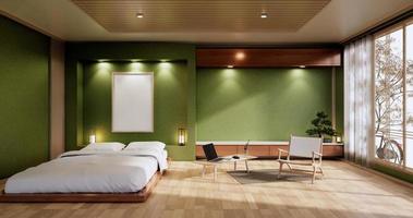 interior mock up with zen bed plant and decoartion in japanese green bedroom. 3D rendering. photo