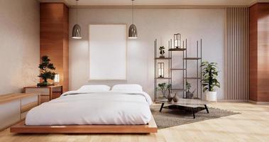 maqueta interior con planta de cama zen y decoración en dormitorio japonés. Representación 3D. foto