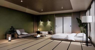 interior mock up with zen bed plant and decoartion in japanese green bedroom. 3D rendering. photo