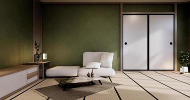 maqueta interior, minimalista sala de estar verde estilo japonés. Representación 3D. foto