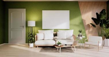 Interior minimalista, muebles de sofá y plantas, diseño moderno de sala verde. Representación 3D. foto