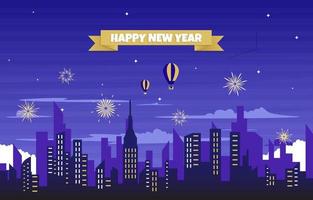 Night City Building Happy New Year Celebration Card Vector Illustration