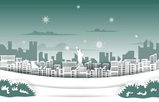 ciudad de fuegos artificiales de nueva york edificio invierno año nuevo ilustración de corte de papel