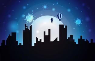 Beautiful Night City Building New Year Celebration Card Vector Illustration